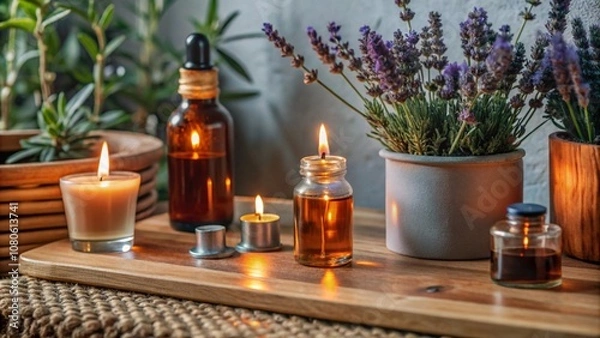 Fototapeta A wooden tray with candles, essential oils, and lavender plants, creating a spa-like atmosphere.