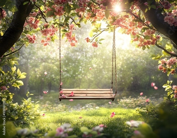 Fototapeta A wooden swing hanging from the branches of blooming apple trees in spring, surrounded by lush green grass and colorful flowers,