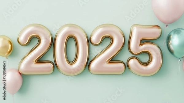 Fototapeta Elegant 2025 New Year Backdrop with Metallic Balloons and Pastel Tones