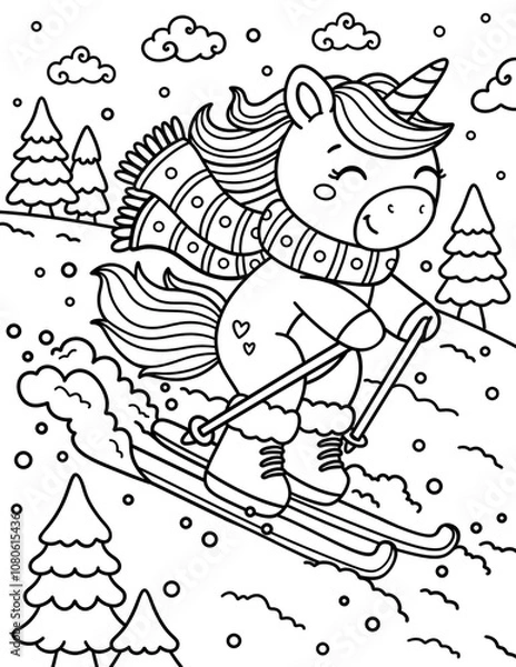 Obraz Unicorn skiing. Coloring page with Christmas unicorn. Hand drawn illustration. Coloring book. Coloring pages for adults and children. Winter. Snow is falling.