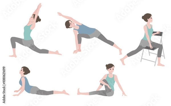 Obraz 腸腰筋ストレッチ：腰痛改善のためのポーズセット、三日月のポーズ、サイドアングル、ヨガ