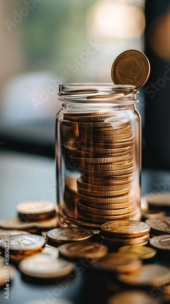 Fototapeta Saving money in a glass jar with coins stacked up high