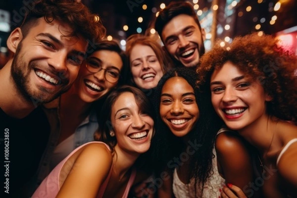 Fototapeta Close up of a diverse friends taking selfie while having party in club
