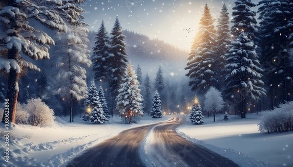 Fototapeta Enchanting Winter Wonderland with Snow-Covered Trees and Cozy Cabins – A Serene Holiday Landscape for Christmas and New Year