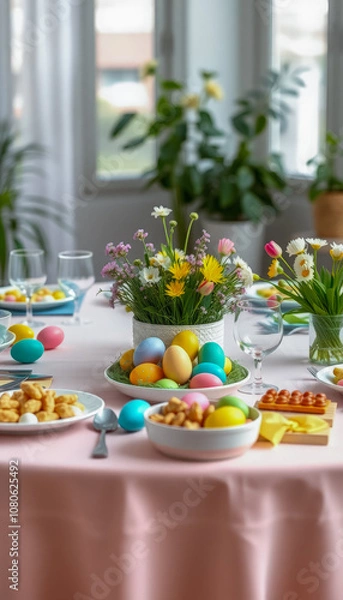 Fototapeta Elegant Easter Dinner Table with Colorful Eggs, Floral Arrangements, and Fruit Bowls