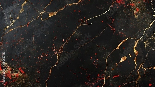 Fototapeta A textured black marble background with red and gold accents, ideal for graphic design or elegant presentations.