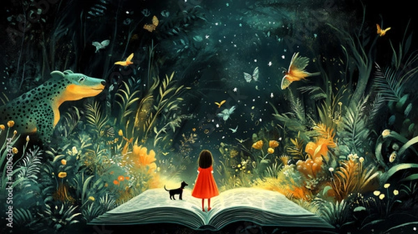 Fototapeta A whimsical children’s book illustration showing a little girl and her dog entering a magical forest filled with talking animals and fairy-tale creatures