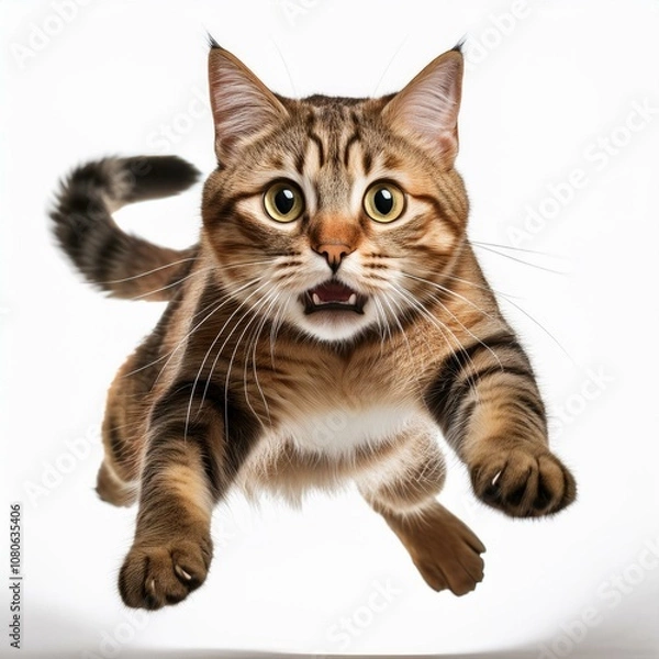 Fototapeta A surprised tabby cat leaps energetically, showcasing its agility a white background.