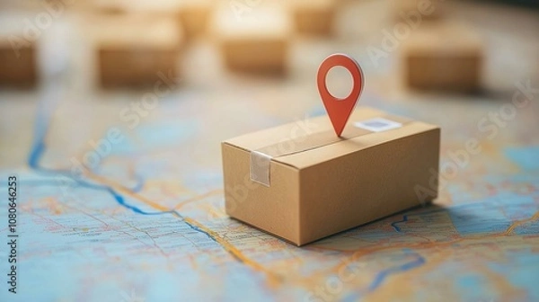 Obraz Cardboard delivery box with a red location marker on a geographic map background.