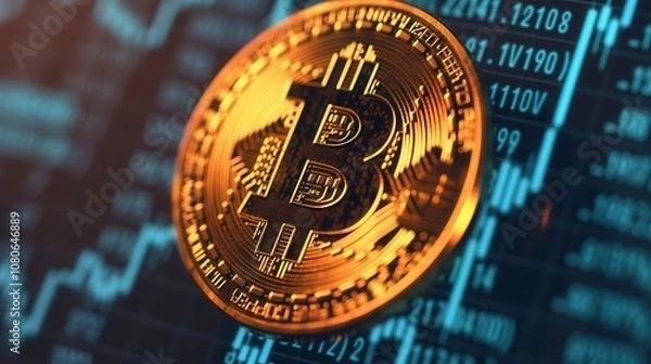 Fototapeta Cryptocurrency can be a hedge against inflation.A close-up of a Bitcoin on a digital graph backdrop, illustrating cryptocurrency trends and market fluctuations.