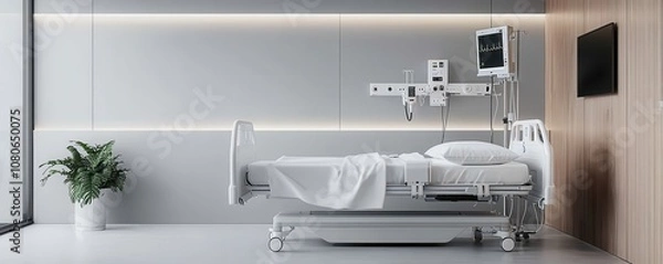 Fototapeta A modern, minimalistic hospital room featuring a medical bed, monitoring equipment, and a potted plant for a calming atmosphere.