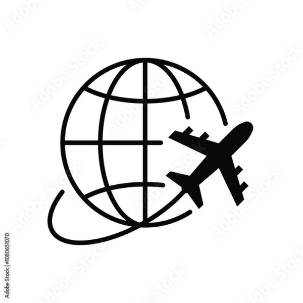 Obraz Globe plane icon. Simple solid style. Travel around the world, airplane, world map, globe, round, circle, transportation concept. Black silhouette, glyph symbol. Vector illustration isolated.