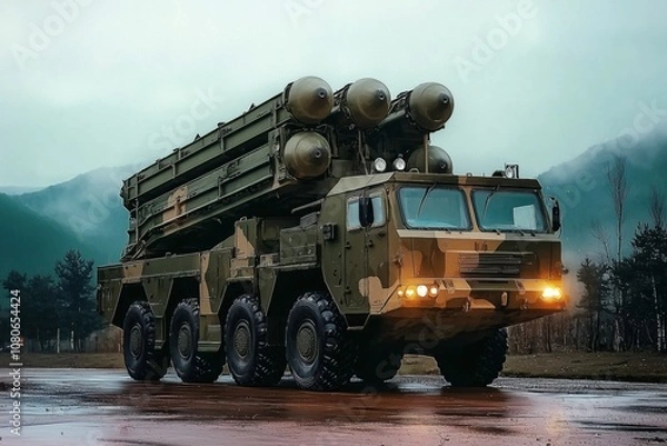 Fototapeta A heavy multiple rocket launcher is positioned on wet ground, showcasing its tactical capabilities during training