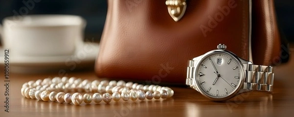 Fototapeta Luxury Investment Essentials - Elegant Handbag Designer Watch and Pearl Necklace Showcased in a Sophisticated Setting Symbolizing Asset Value and Timeless Style