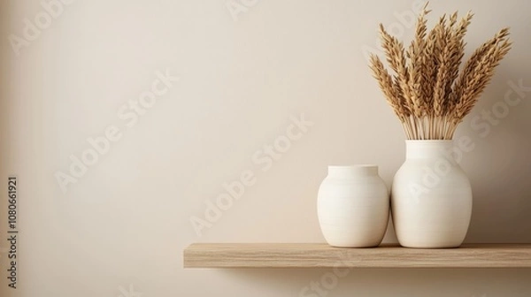 Fototapeta Wheat in white vase decorating minimalist wooden shelf