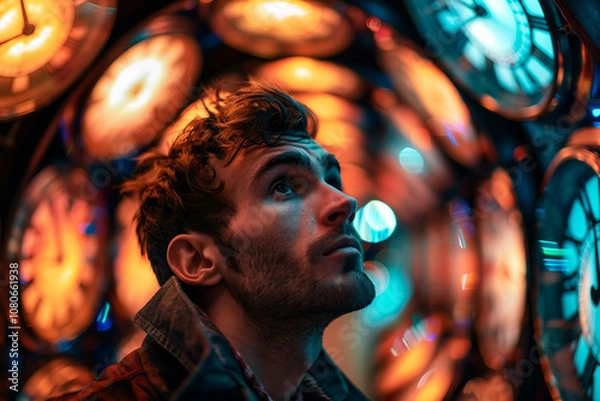 Fototapeta Generative AI Close-Up of a Time Traveler Exploring Cosmic Portal Across Space and Time