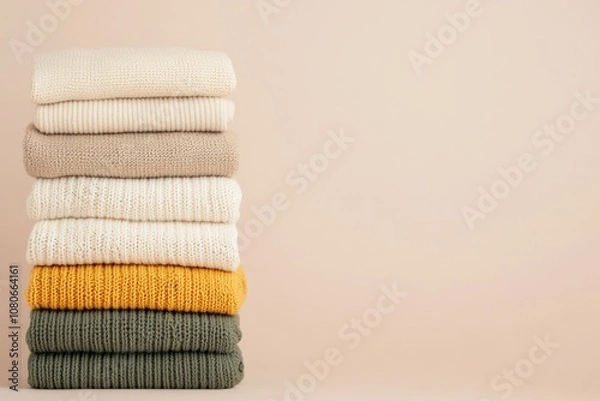 Fototapeta Stack of folded knitted sweaters in neutral colors on beige background
