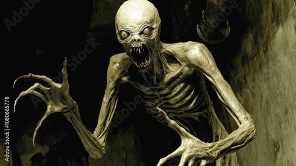 Obraz Scary monster emerging from darkness showing claws and teeth