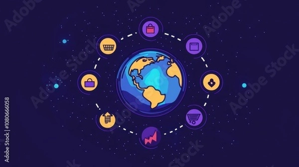 Fototapeta Icons for shipping and logistics surrounding a globe, representing cross-border e-commerce reach. Digital commerce made global.