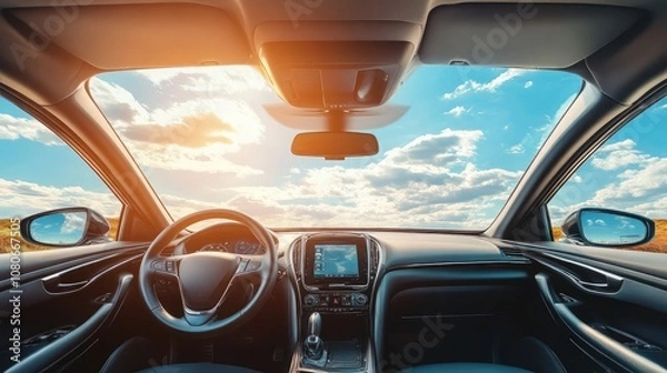 Fototapeta A view from inside a car looking out the windshield, with a bright, blue sky and white clouds overhead.