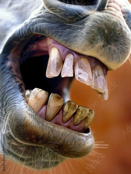 Fototapeta Close-up of Horse's Open Mouth Showing Teeth and Whiskers