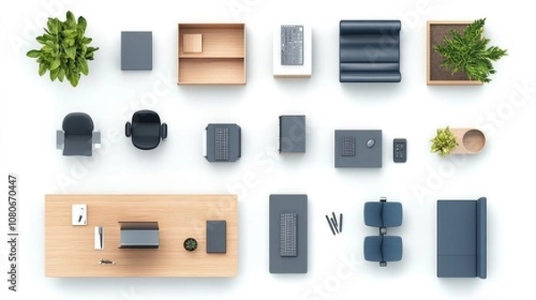 Fototapeta Overhead view of an office space with desks, chairs, and plants. This top-down perspective provides a clear layout of the workspace.