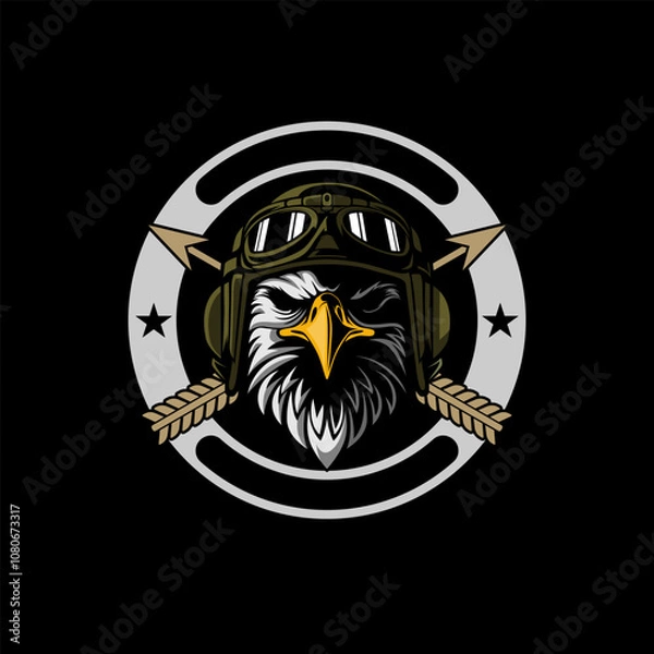 Fototapeta Eagle logo. Military Eagle Wearing Pilot Helmet logo design vector