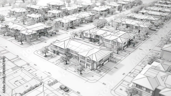 Obraz A 3D rendering of a residential neighborhood blueprint.