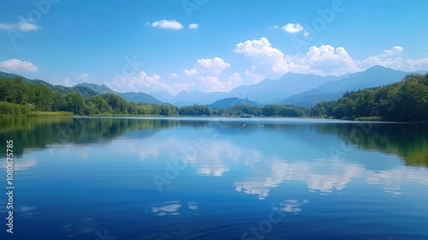 Fototapeta Calm lake with mountain reflection on a sunny day.