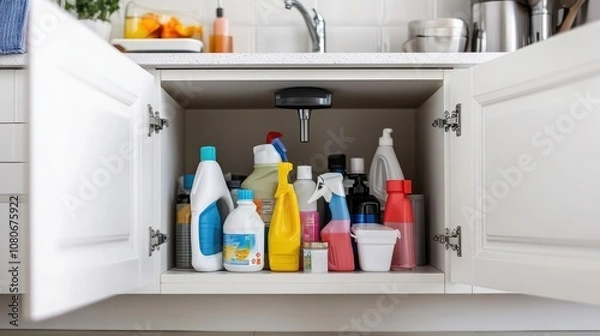 Fototapeta Open cabinet with a variety of cleaning supplies neatly arranged.