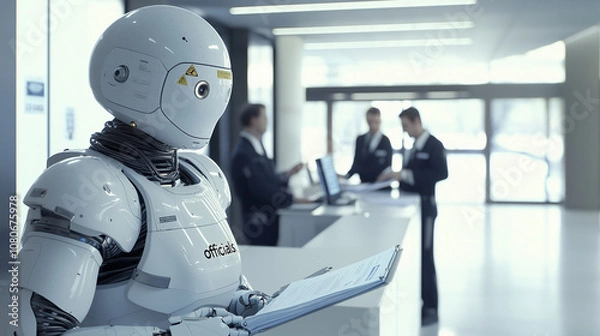 Fototapeta Robot Inspecting Government Office with AI Officials Processing Paperwork