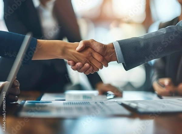 Fototapeta The act of a professional handshake between business partners symbolizes a significant achievement and mutual agreement, emphasizing collaboration, commitment, and a formal commitment to success