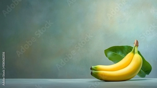 Fototapeta Naturally Ripe Yellow Banana with Green Tips on Textured Background