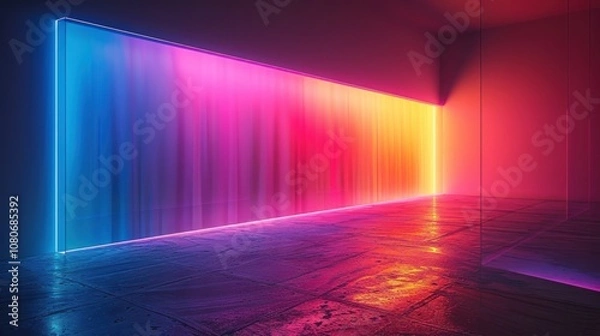 Fototapeta A modern room with a vibrant neon light wall and a glass wall. The light wall is made up of multiple neon colors including blue, purple, pink, orange and yellow. 