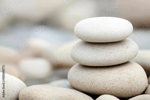 Fototapeta A tranquil stack of smooth, neutral-colored stones symbolizes balance and harmony in a serene, pebbled environment.