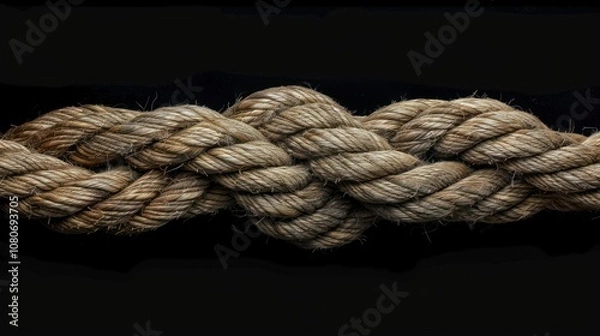 Fototapeta A close-up of a thick, braided rope against a black background. The rope is tied in a knot, creating a complex pattern of woven fibers.