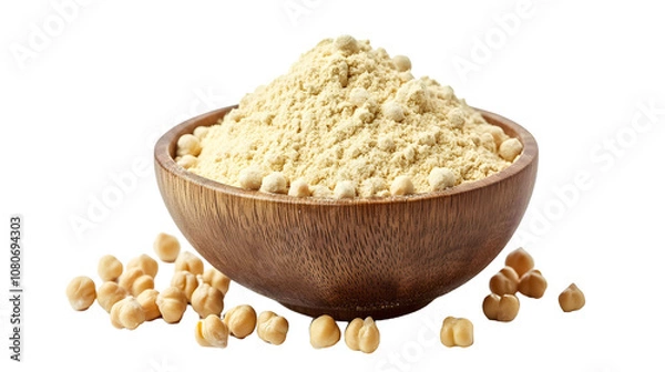 Obraz Raw chickpea flour in a wooden bowl on a transparent background. isolated background.