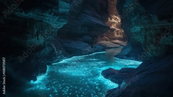 Fototapeta A serene view of a glowing river surrounded by dark cave walls.