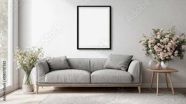 Fototapeta Living Room Wall Art Display Mockup. Home Interior Scene with Modern Setting. Stylish Decor. 3D Visualization