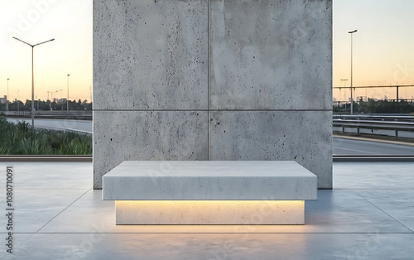 Fototapeta Modern concrete podium with soft lighting, set against minimalist backdrop at sunset. sleek design enhances serene atmosphere of urban environment