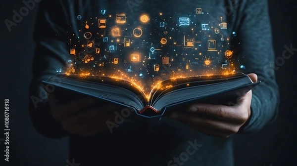 Fototapeta A man holds an open book with glowing symbols of icon, Digital technology hologram icon on open book