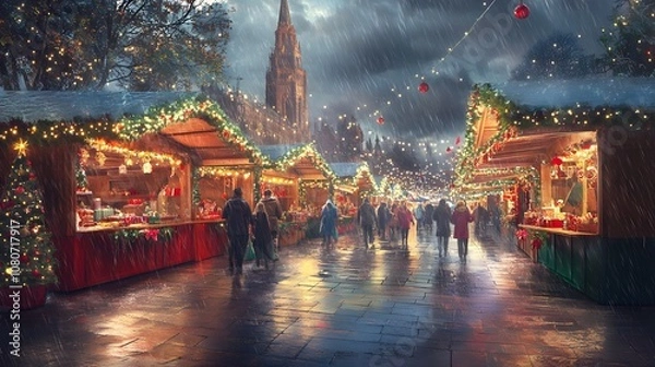 Obraz A festive Christmas market scene with colorful stalls and decorations, people walking through the rain on an overcast day