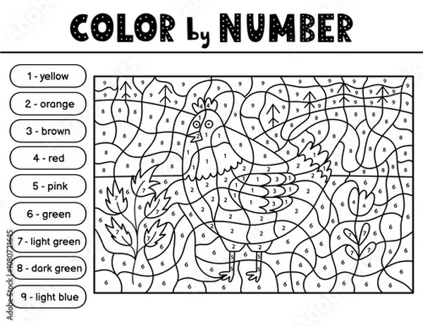 Fototapeta Color by number black and white activity page for kids with a cute hen. Farm animal scene puzzle game in outline for school and preschool. Vector illustration