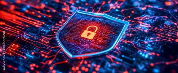 Fototapeta Escudo digital con candado y circuitos tecnológicos: protección avanzada en ciberseguridad