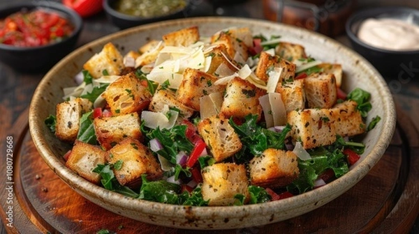 Fototapeta Close-up of a Rustic Crouton Salad with Greens and Parmesan Cheese