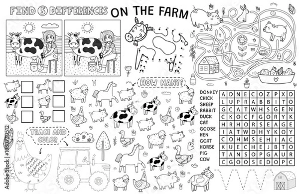 Fototapeta On the farm placemat with cute animals. Farm activity mat for kids with dot to dot, find 5 differences, maze and other games. Vector illustration