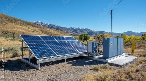 Fototapeta Hydrogen-powered microgrid setup, featuring solar panels and fuel cells, providing stable and green energy