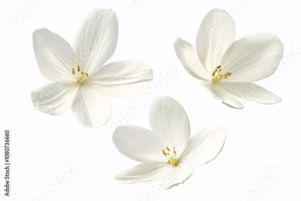 Fototapeta Three delicate, isolated white flowers, soft petals, pale yellow stamens, bright light, minimalist composition.