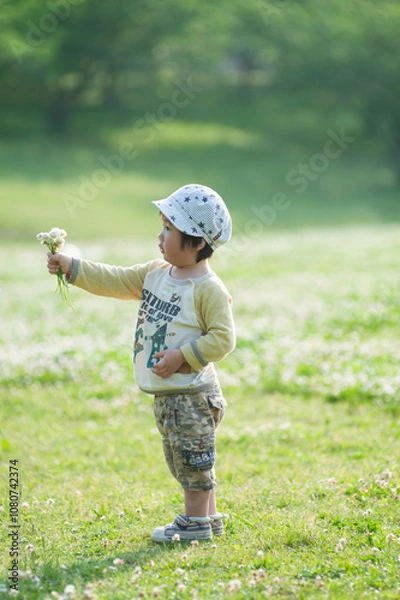 Obraz シロツメクサの花束を差し出す男児