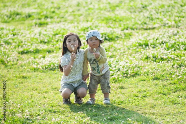 Obraz タンポポの綿毛を吹く姉弟	